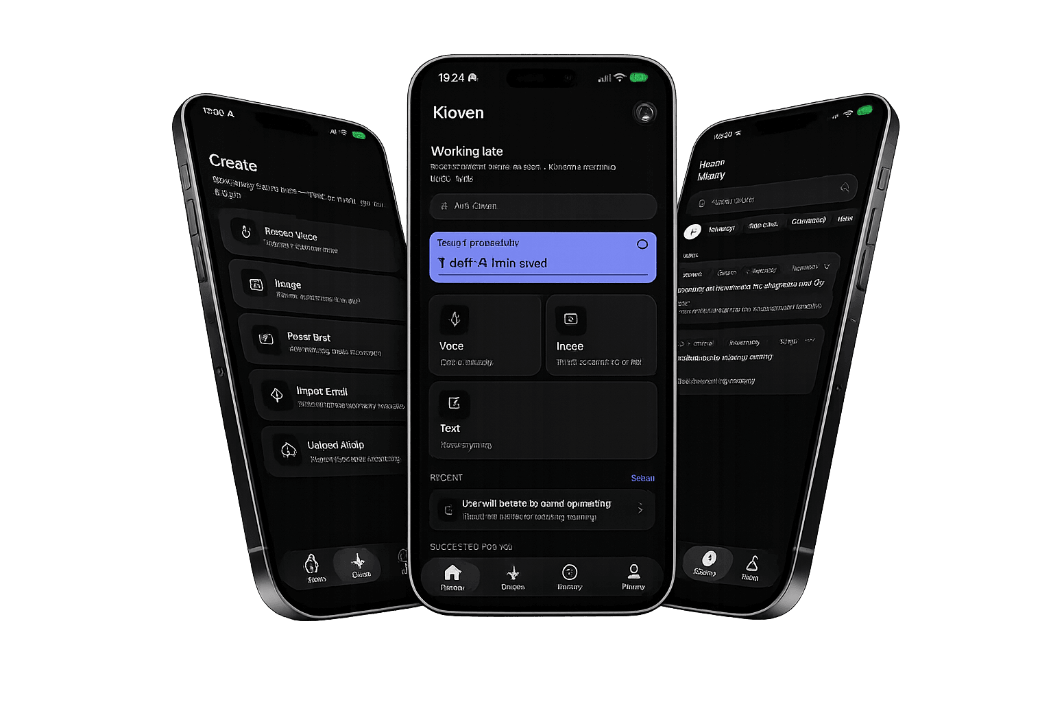 Kloven on three iPhones - home, create, and history